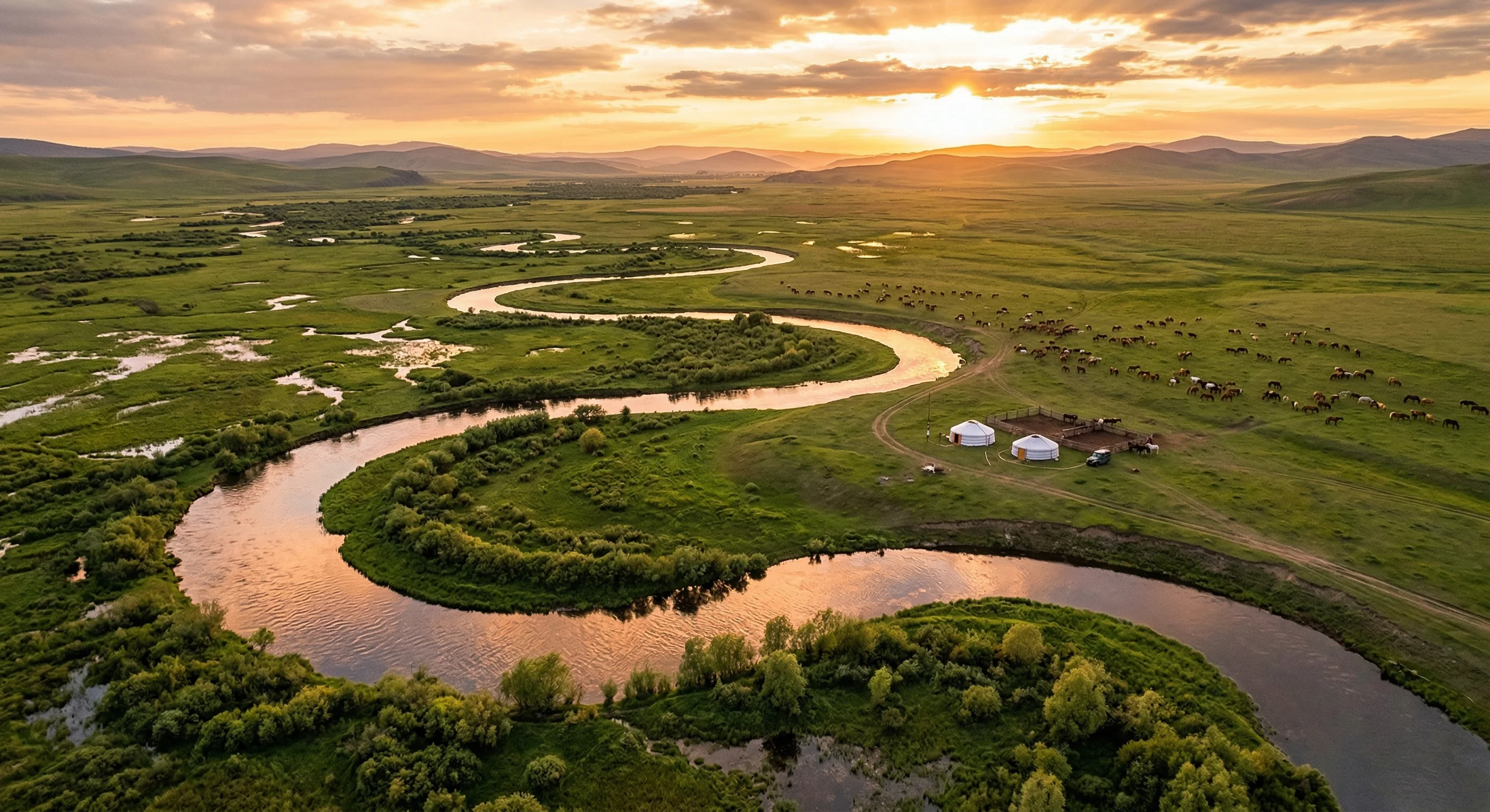 Aerial view of Mongolian river winding through green wetlands